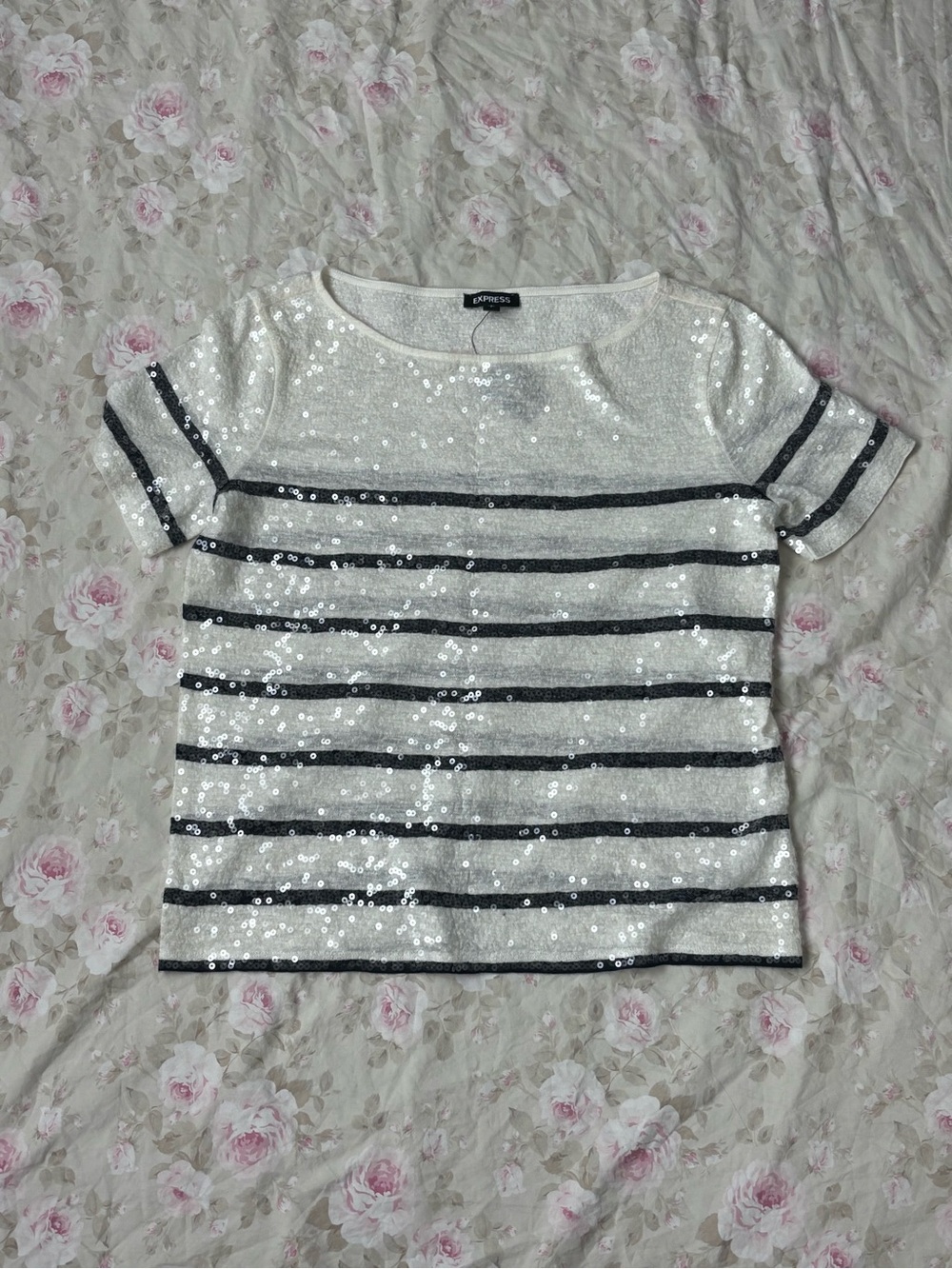 Express White Sequin Short-Sleeve Top with Black Stripes
